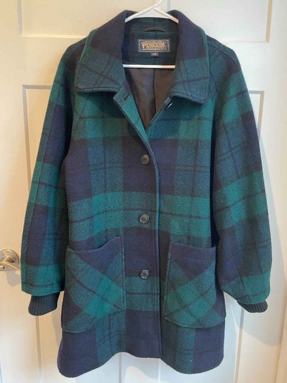 Pendleton Black Watch Plaid Wool Coat Jacket Forest Green Navy Blue Large L - Picture 5 of 15